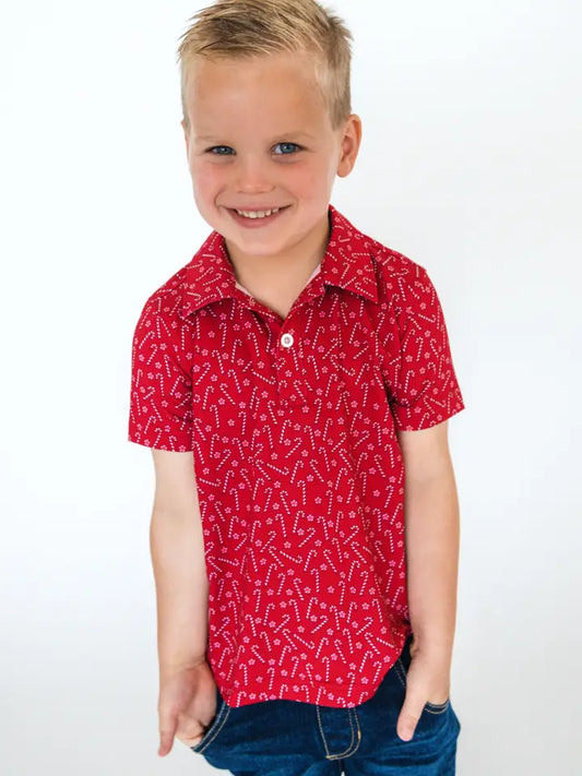 Boys Tiny Candy Canes Knit Short Sleeve Performance Polo - Brazos Avenue Market 
