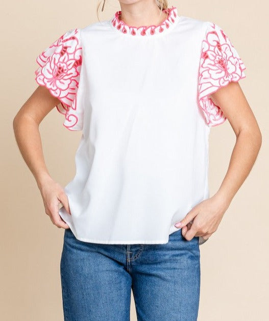 Embroidery Cap Sleeve Top