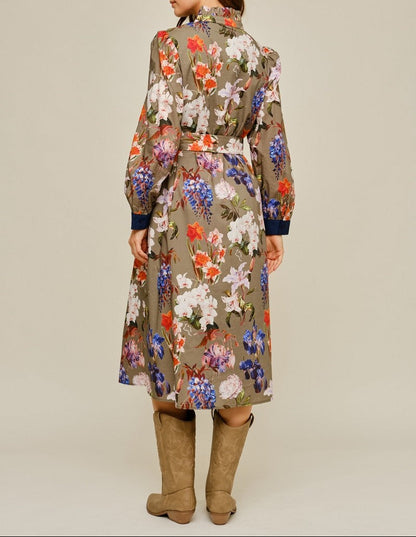 Waist Tie Button Down Floral Midi Dress