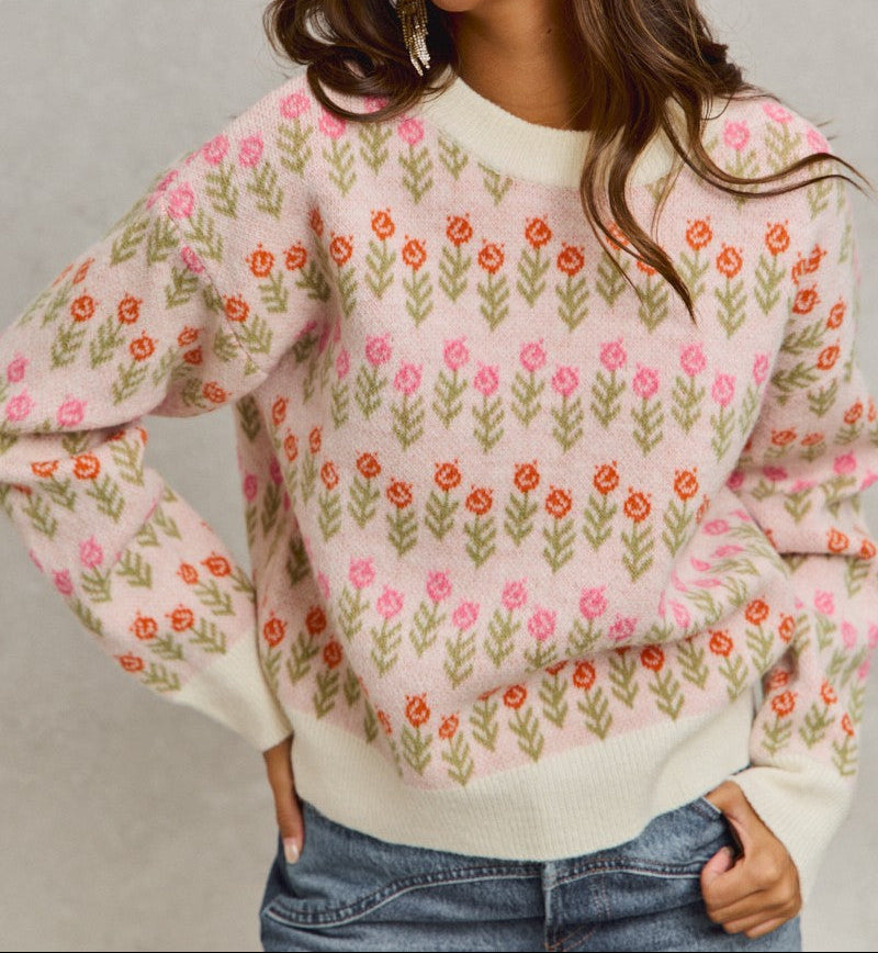 Flower Patterned Loose Fit Pullover Sweater Top