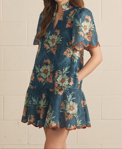 Teal Green Floral Eyelet Mini Dress