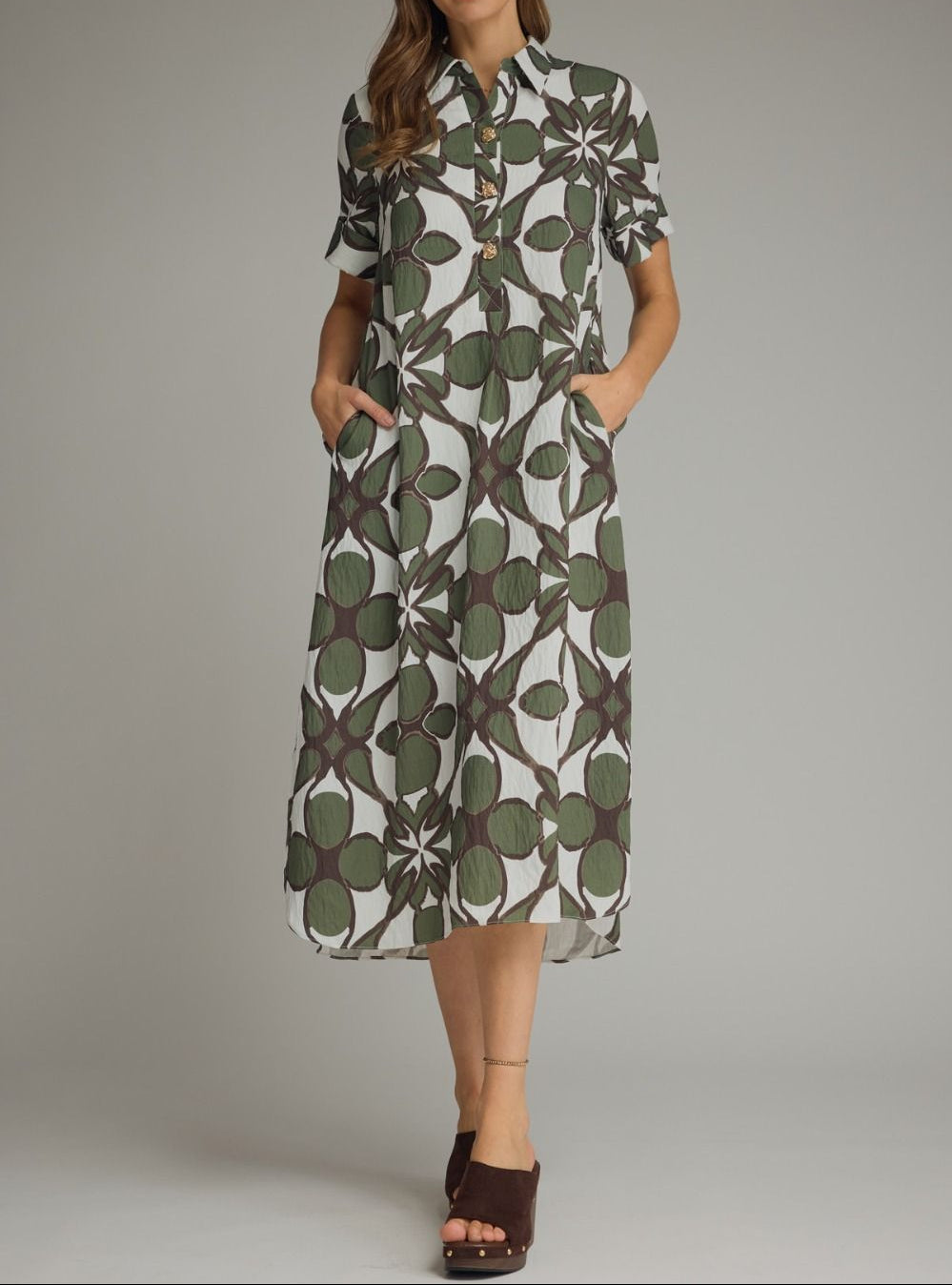Olive Short Sleeve Midi Shirt Dress