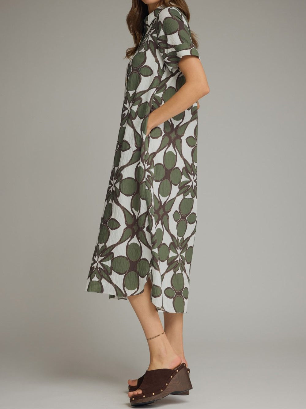 Olive Short Sleeve Midi Shirt Dress