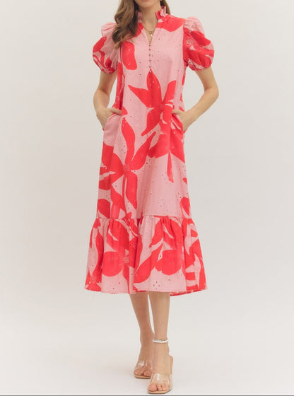 Pink Botanical Print Midi Dress - Brazos Avenue Market 