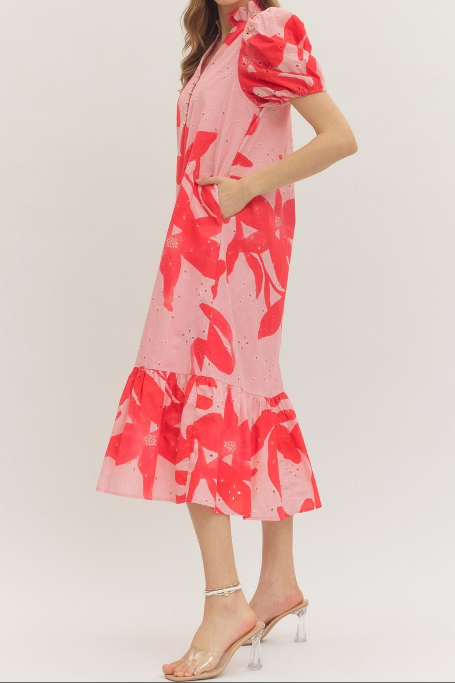 Pink Botanical Print Midi Dress - Brazos Avenue Market 