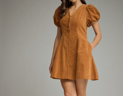 Camel Bubble Sleeve Mini Dress
