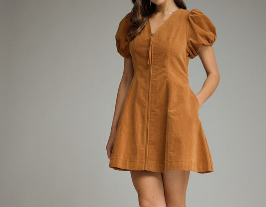 Camel Bubble Sleeve Mini Dress