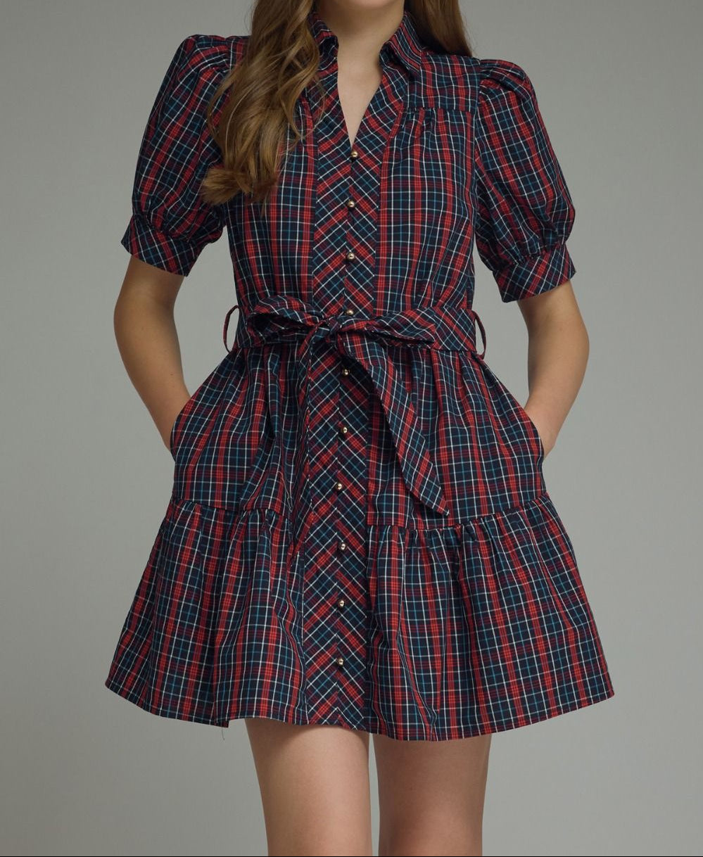 Navy Plaid Mini Dress