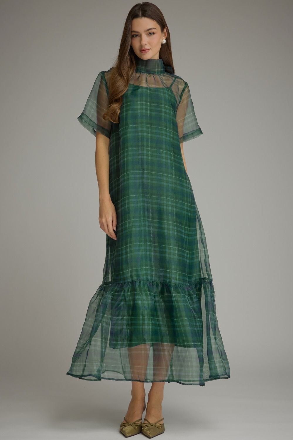 Plaid Short Sleeve Midi Dress