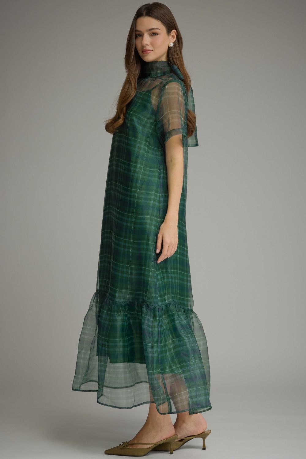 Plaid Short Sleeve Midi Dress