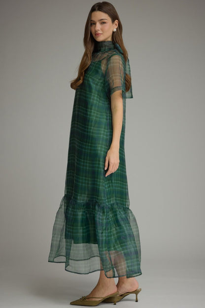 Plaid Short Sleeve Midi Dress