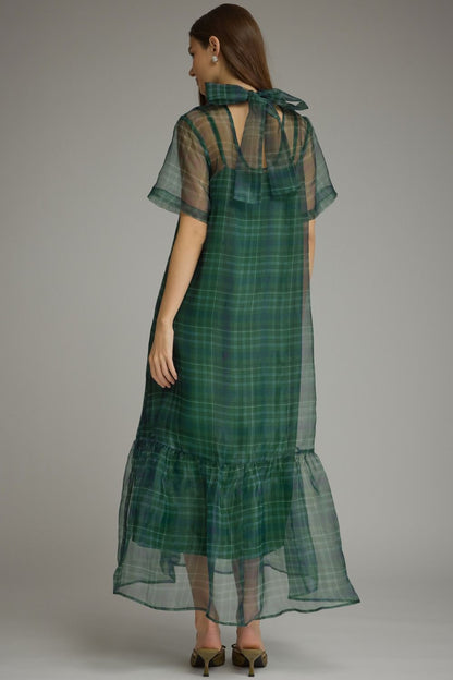 Plaid Short Sleeve Midi Dress