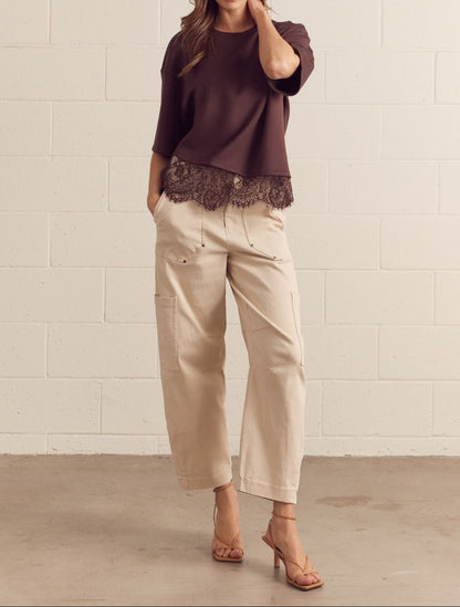 Brown Short Sleeve Top With Lace