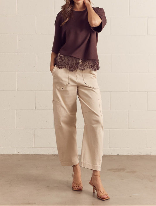 Brown Short Sleeve Top With Lace