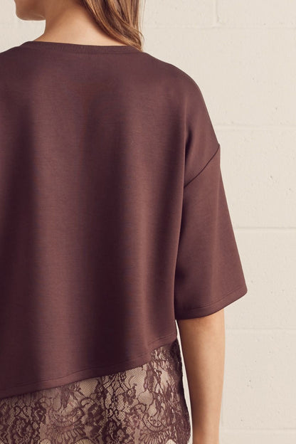 Brown Short Sleeve Top With Lace