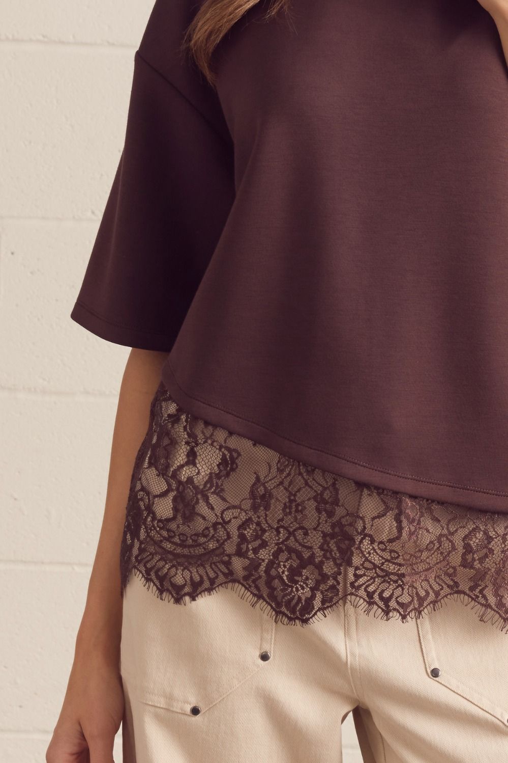 Brown Short Sleeve Top With Lace