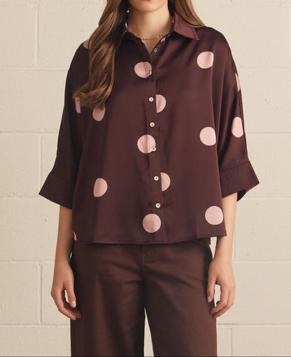 Burgundy Polka Dot Button Down Top
