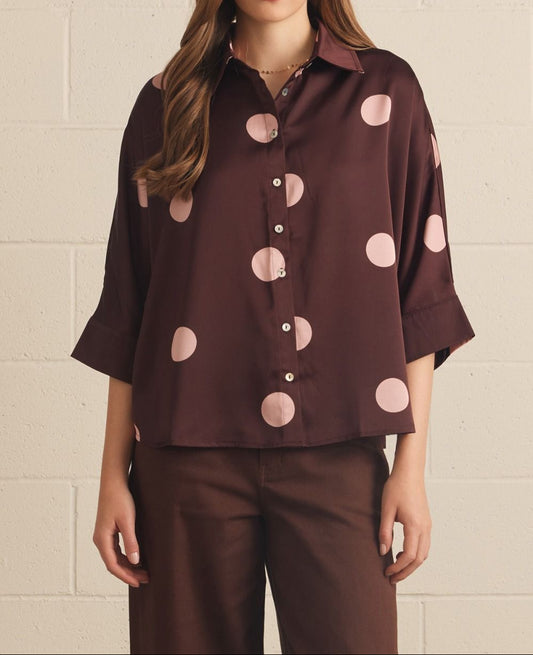 Burgundy Polka Dot Button Down Top