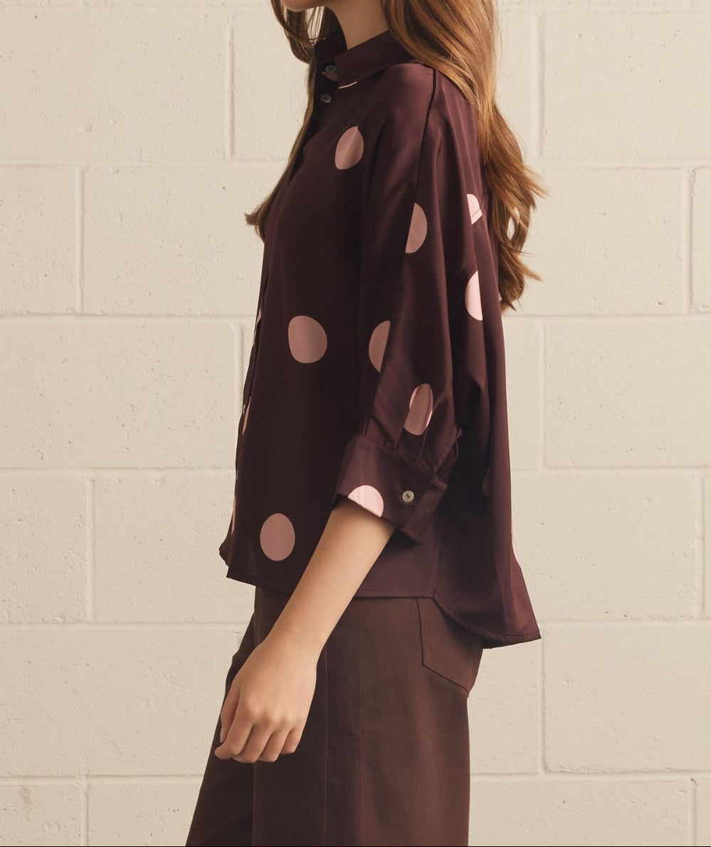 Burgundy Polka Dot Button Down Top