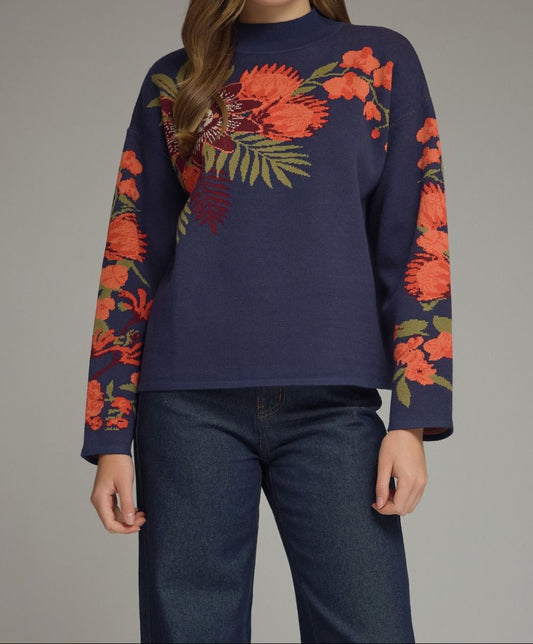 Navy Sweater With Floral Design
