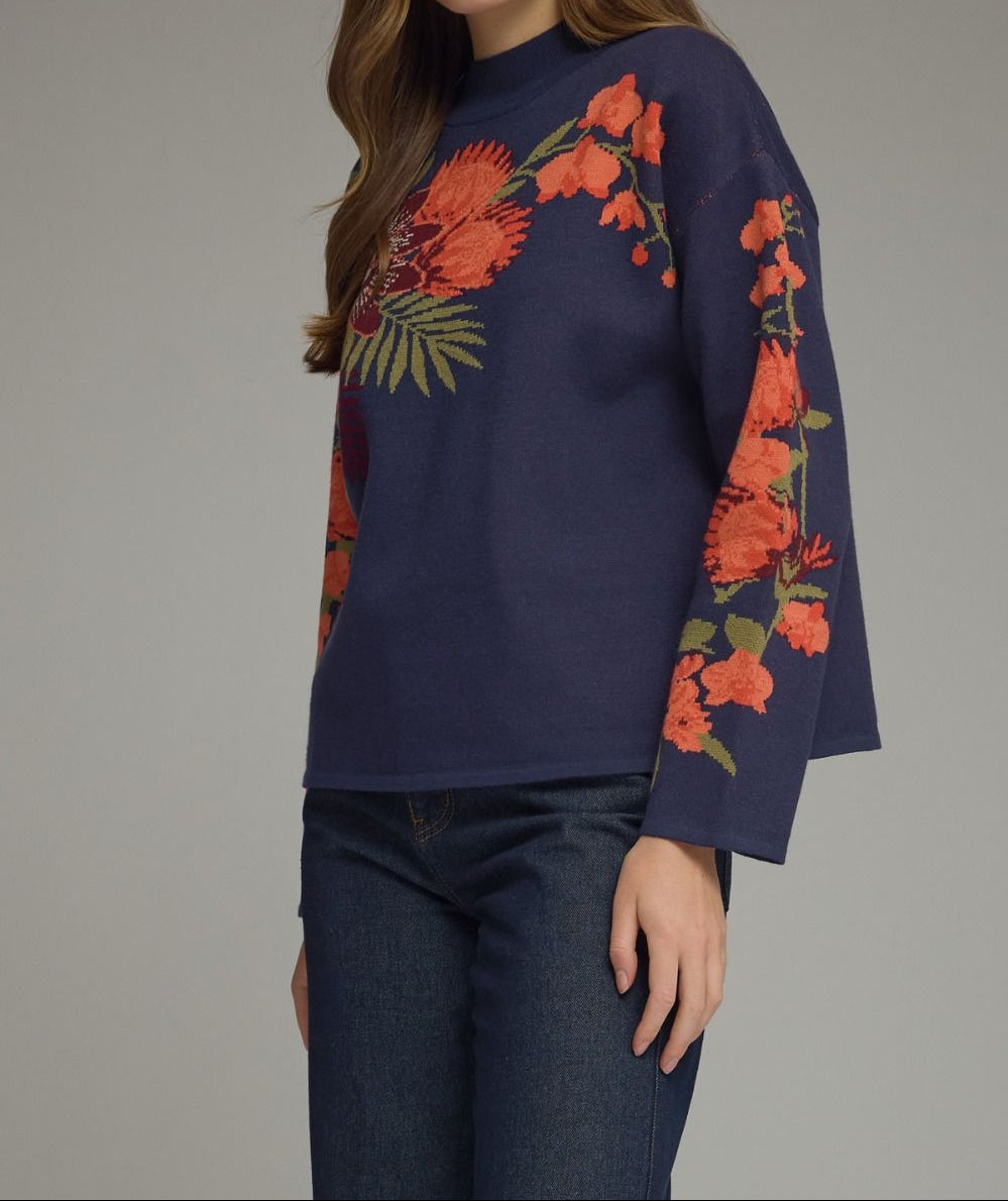 Navy Sweater With Floral Design