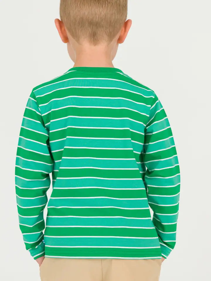 Boys Football Green Stripe Knit Long Sleeve Embroidered Henley Tee - Brazos Avenue Market 