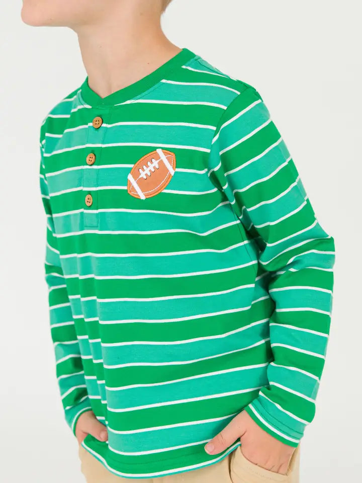 Boys Football Green Stripe Knit Long Sleeve Embroidered Henley Tee - Brazos Avenue Market 