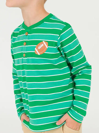 Boys Football Green Stripe Knit Long Sleeve Embroidered Henley Tee - Brazos Avenue Market 