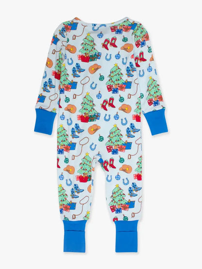 Softsnooze™ Baby Bamboo Viscose Blue Yuletide Yeehaw Convertible One Piece Footie Pajama - Brazos Avenue Market 