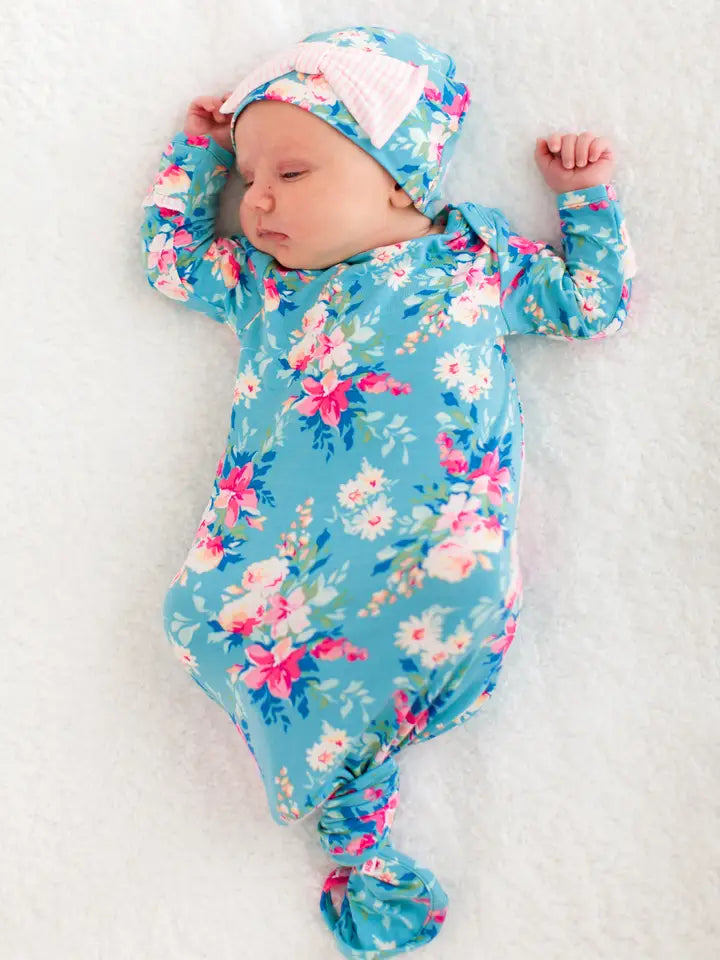 Softsnooze™ Baby Girls Bamboo Viscose Fancy Me Floral Ruffle Knotted Sleep Gown & Bow Hat Set - Brazos Avenue Market 