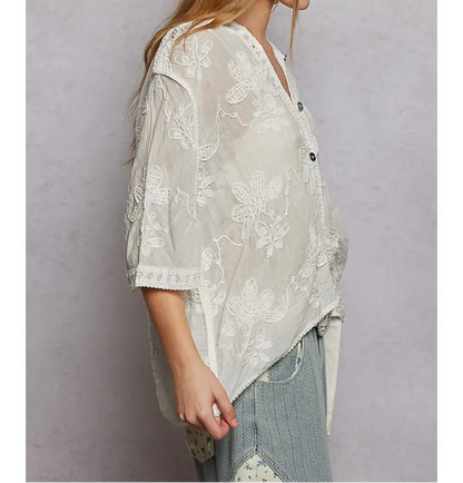 Short Sleeve Border Floral Embroidery Crochet Top (OS)