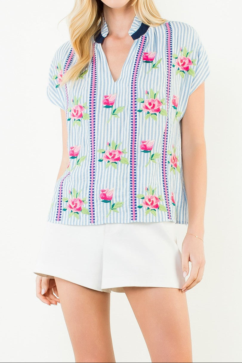 Embroidered Stripe V-neck Top - Brazos Avenue Market 