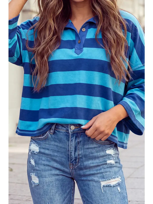 Oversized 3/4 Sleeve Striped Collar Half Button Polo Top