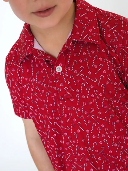 Boys Tiny Candy Canes Knit Short Sleeve Performance Polo - Brazos Avenue Market 