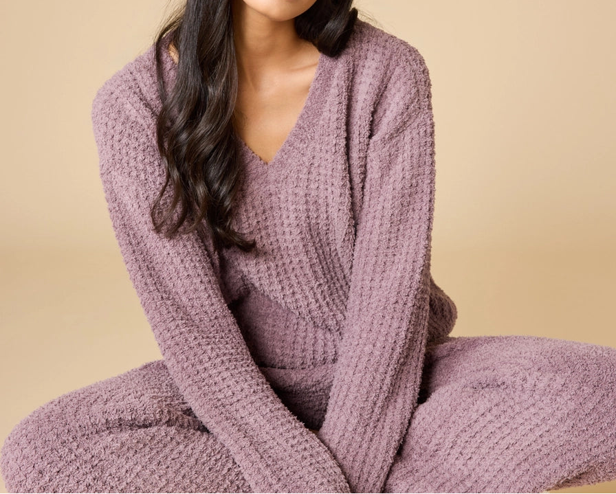 Marshmallow Waffle V-Neck Lounge Set - Brazos Avenue Market 