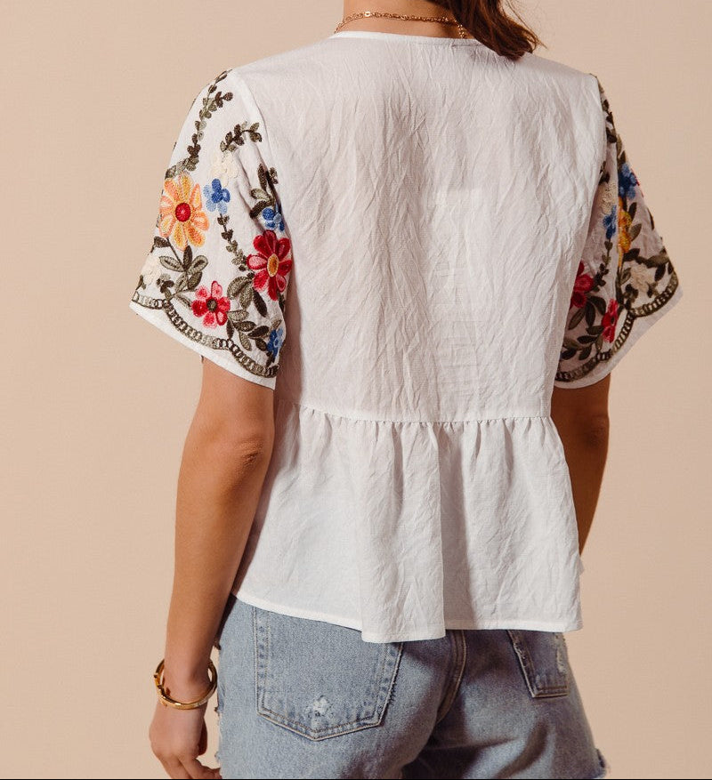 Floral Embroidered Baby Doll Blouse Top