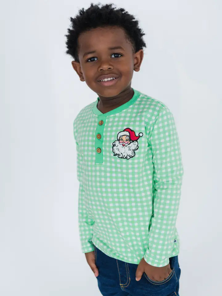 Boys Dear Santa Green Gingham Knit Long Sleeve Embroidered Henley Tee - Brazos Avenue Market 