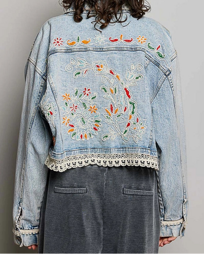 Floral Embroidery Lace Trim Denim Jacket