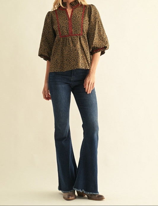 Ruffled Neck Stitch Detail Leopard Top