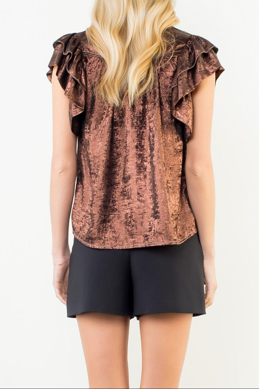 Flutter Sleeve Shimmery V-neck Top - Brazos Avenue Market 