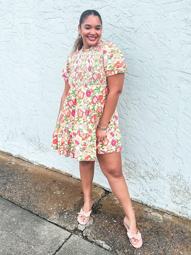 Short Sleeve Smocked Floral Dress - Brazos Avenue Market 
