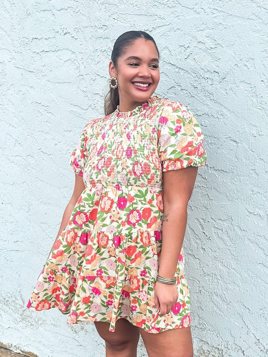 Short Sleeve Smocked Floral Dress - Brazos Avenue Market 