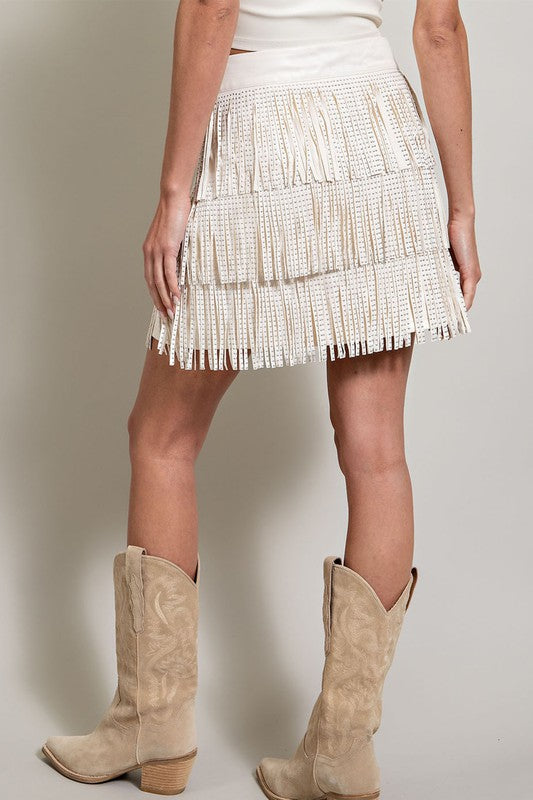 Off White Fringe Leather Skirt - Brazos Avenue Market 