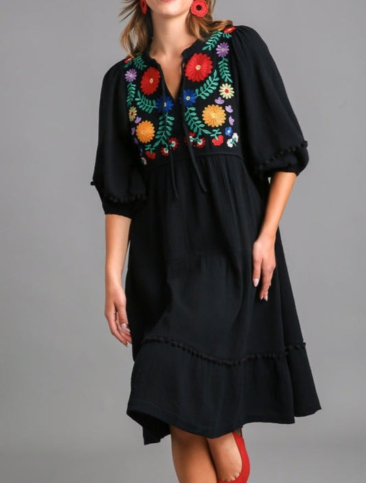 Black Tiered Dress With Embroidery - Brazos Avenue Market 