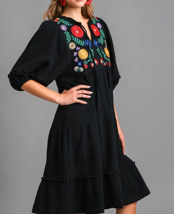 Black Tiered Dress With Embroidery