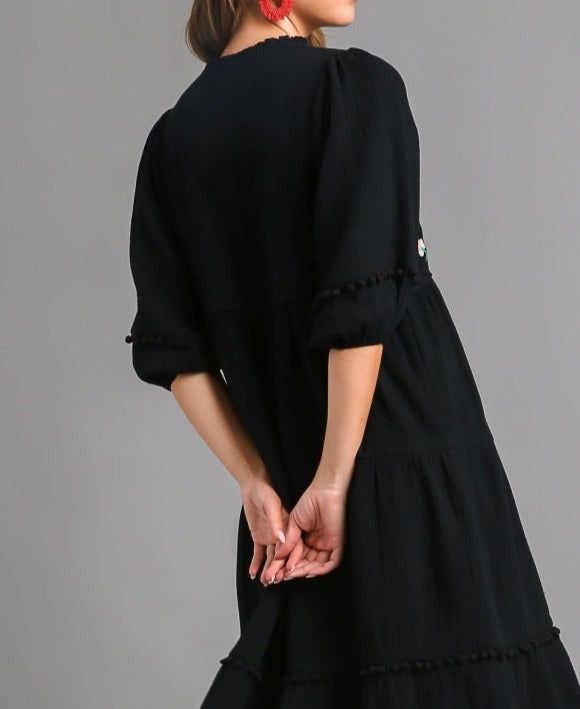 Black Tiered Dress With Embroidery