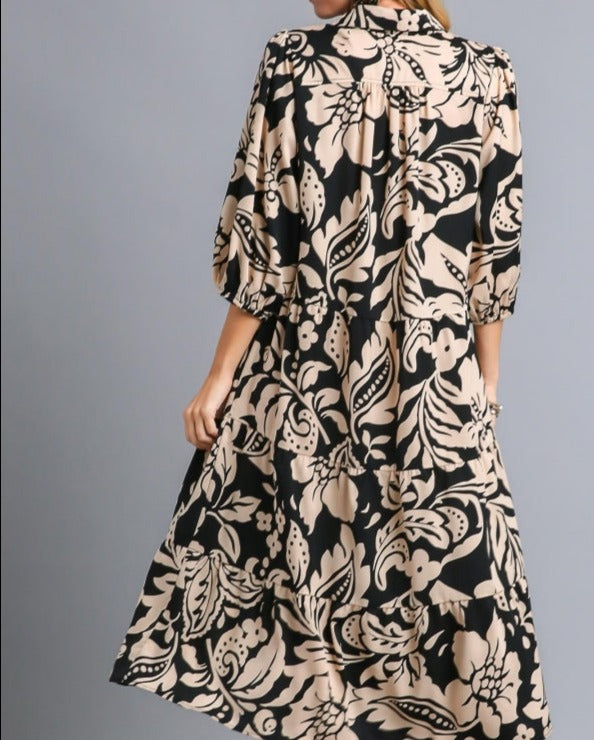 Black Floral Print Tiered Dress
