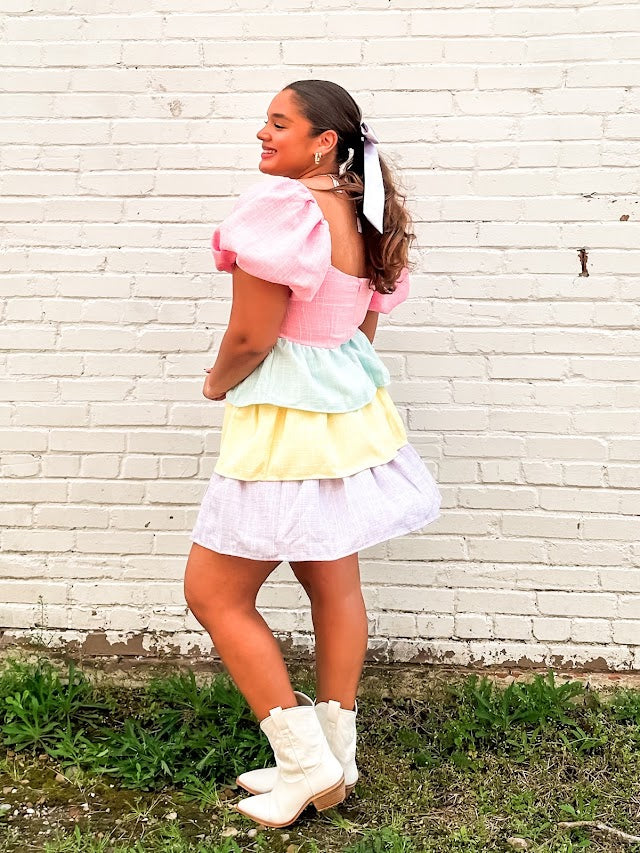 Pastel Tiered Mini Dress - Brazos Avenue Market 