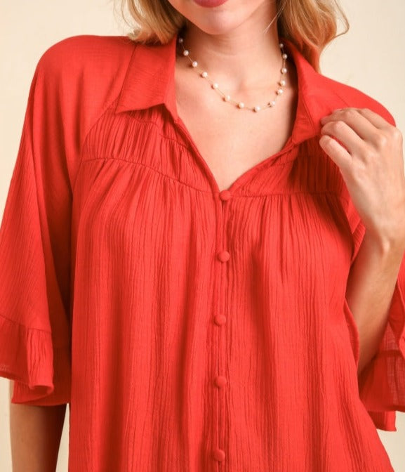 Red Button Down With Bell Sleeves