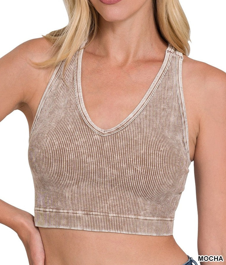 Washed Ribbed Padded Cropped Racerback Tank Top - Brazos Avenue Market 